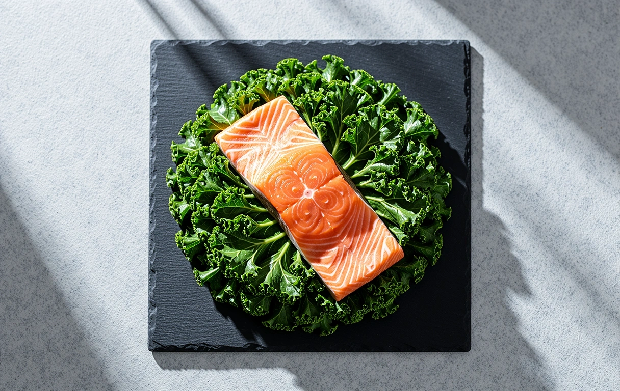 Präzise angerichtetes Lachsfilet auf Schiefer