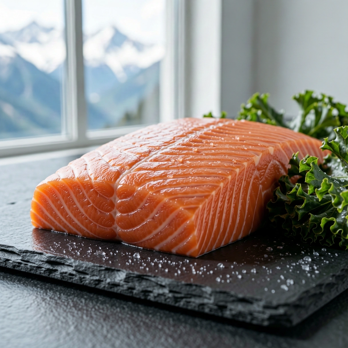 Präzisionsgeschnittener Lachs auf Steinplatte